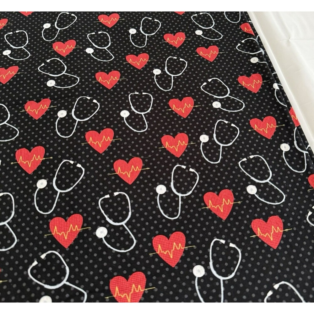 Medical Nurse Doctor EKG Heartbeats Stethoscope Black Quilt Cotton Cardiac BTY